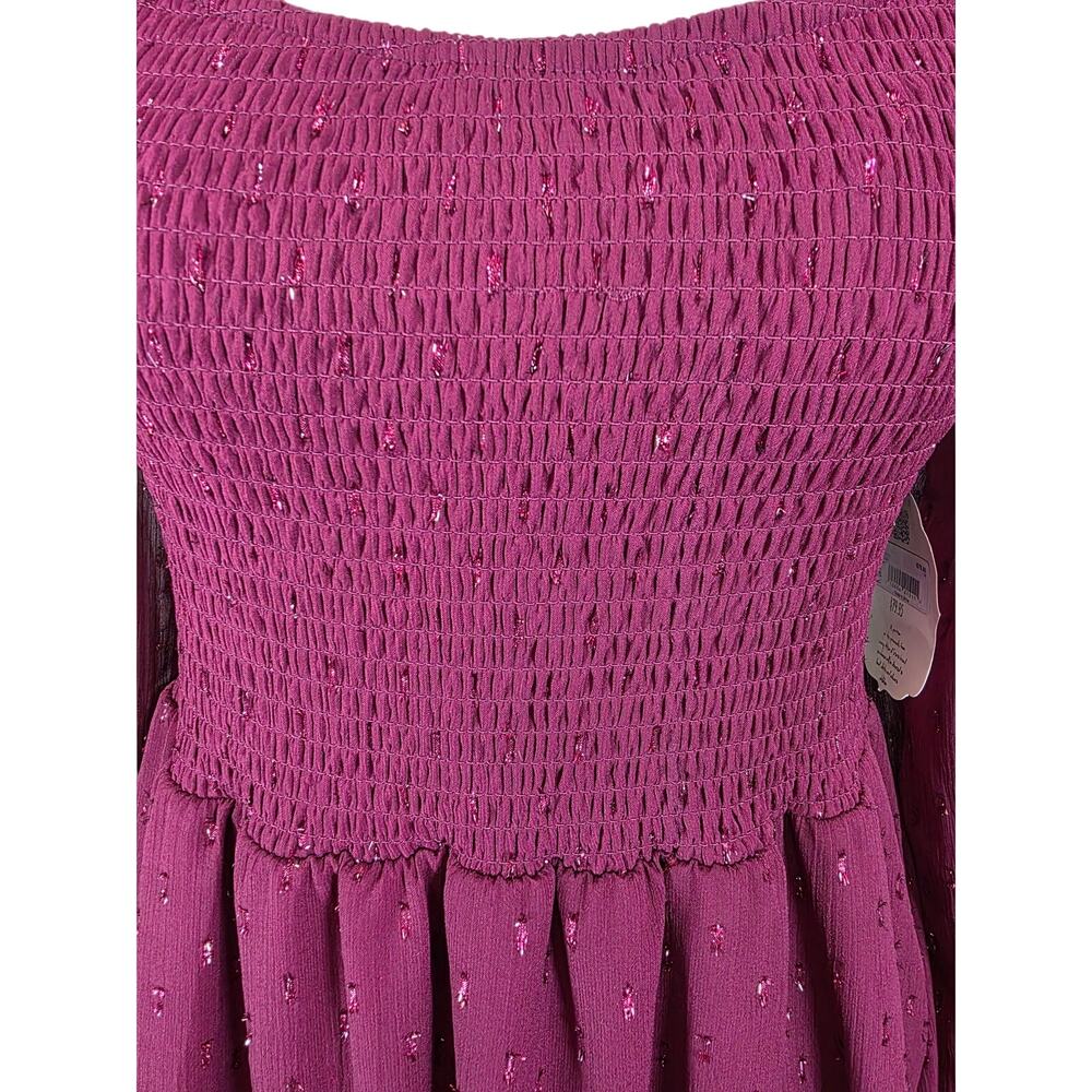 NWT Altar'd State Burgundy Ruffle Dress w/Sheer Balloon Sleeves Shimmer Boho - Picture 6 of 10